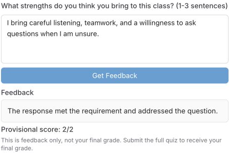 A synthetic student response receives a comment and provisional score inside Canvas.