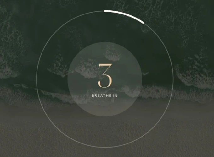Here and Now’s circular breathing timer over an ocean background, during the breathe-in phase.