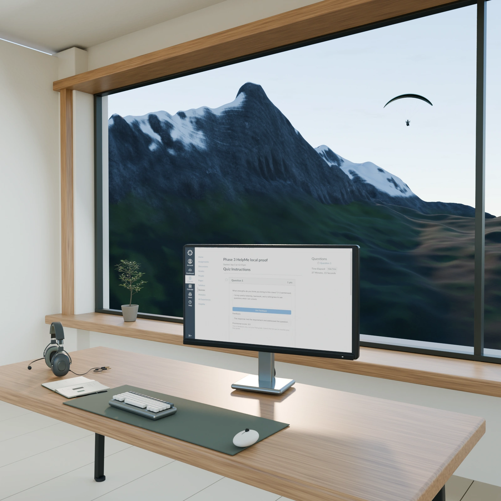 An imagined studio with an oak desk, a HelpMe screen, and an aviation headset overlooking an alpine ridge.